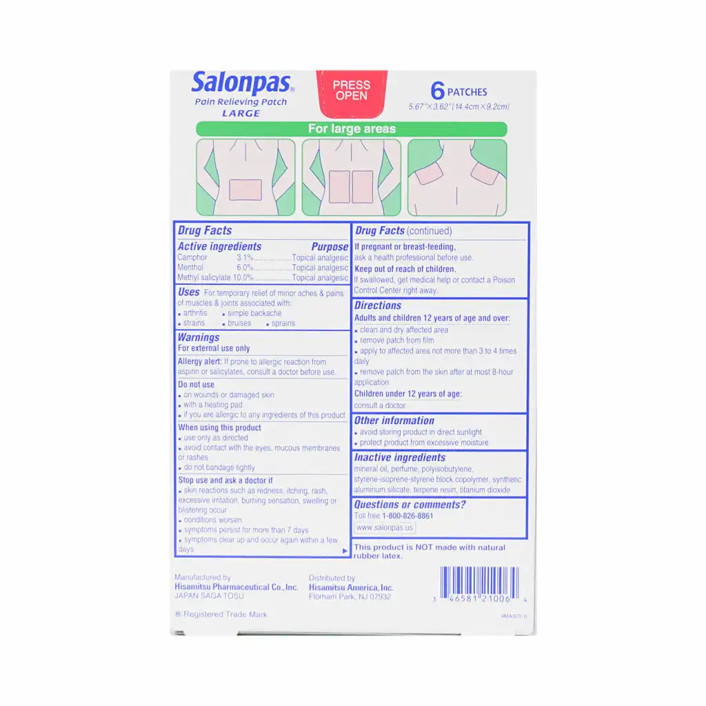 SALONPAS Pain Relieving Patch LARGE 14.4X9.2cm / 6 Patches