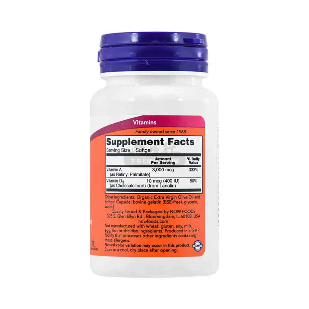 NOW美国诺奥 维生素 A & D 软凝胶囊 (A3,000+D10)mcgX100粒