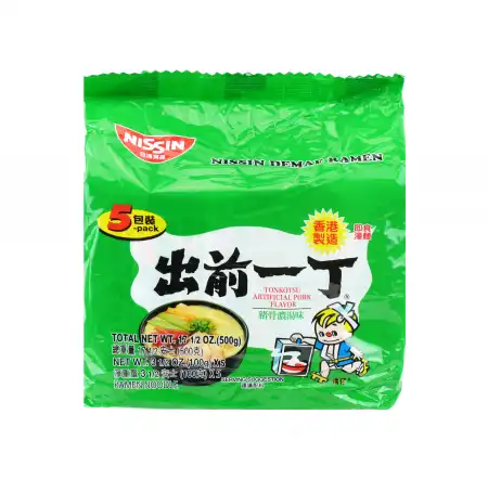 NISSIN Demae Ramen Noodle with Soup Base, Tonkotsu Pork Flavor 5pcs/500g