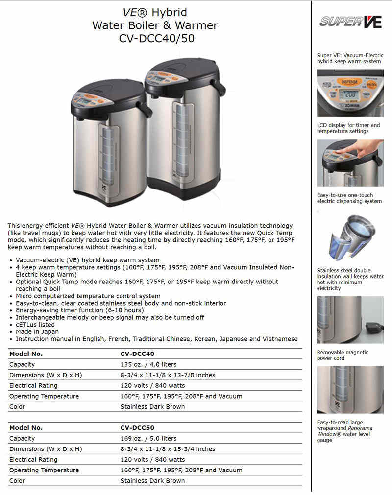 Zojirushi VE Hybrid 169oz Water Boiler & Warmer, Stainless Dark
